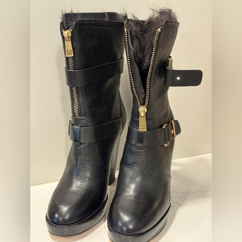 Coach Lianne Full Grain Leather Fur Lined Platform Healed Boots - Picture 2 of 14